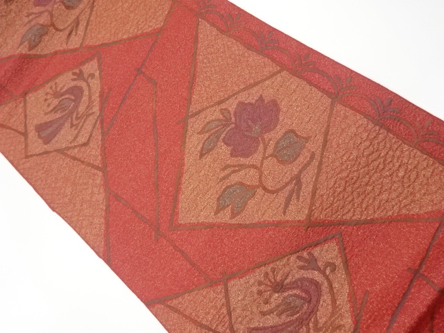 リサイクル　本場筑前博多色紙に花鳥模様織出し名古屋帯